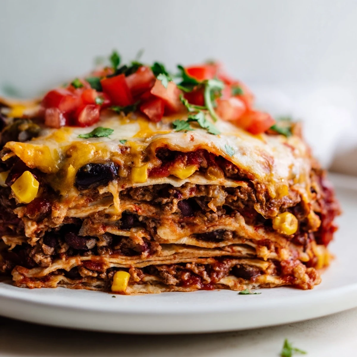 Golden bubbly cheese tops this hearty baked beef enchilada casserole fresh from the oven