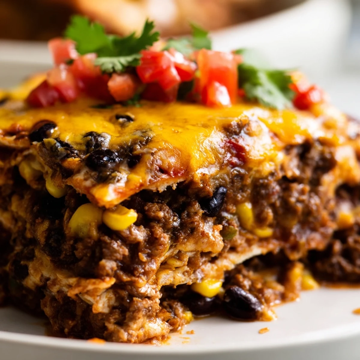 Layered corn tortillas and seasoned beef in this baked beef enchilada casserole with melted cheese