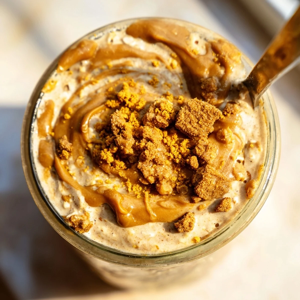 Creamy Biscoff Overnight Oats topped with crushed cookies in a glass jar