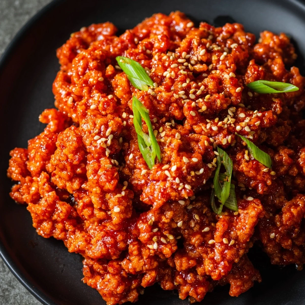 Firecracker ground chicken bowls topped with crisp vegetables and sesame seeds in white bowls