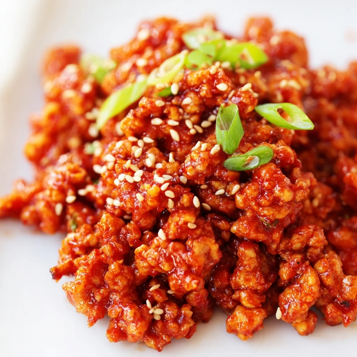 Spicy firecracker ground chicken bowls drizzled with tangy sauce over fluffy jasmine rice