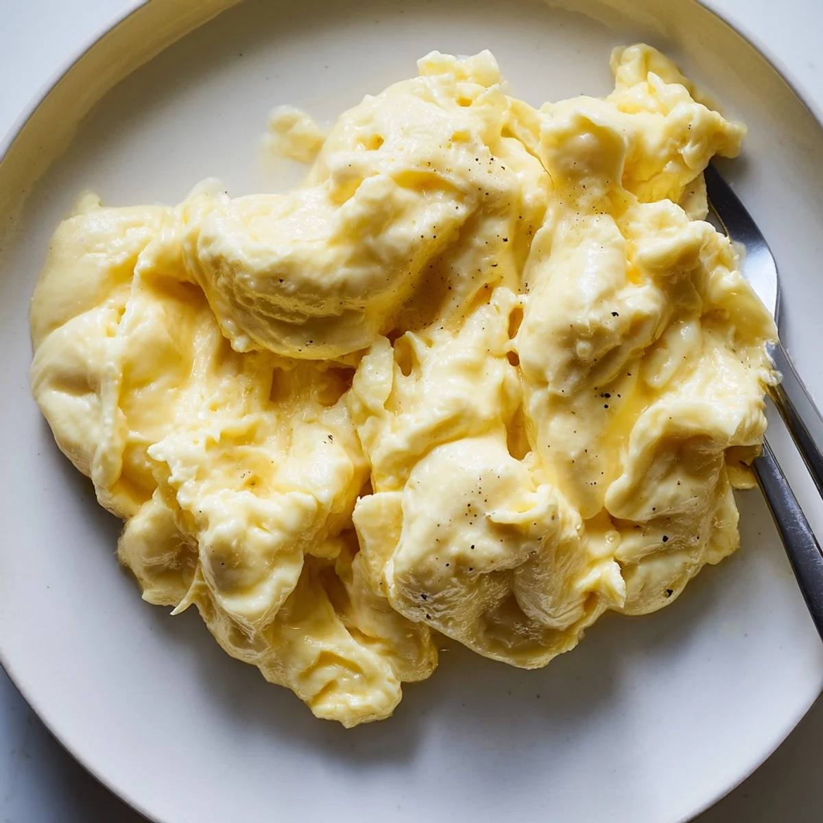 Creamy scrambled eggs piled on a white plate with golden toast