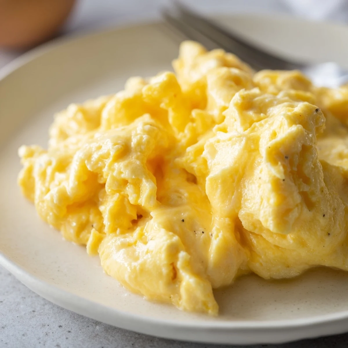 Fluffy scrambled eggs gently curded in butter served steaming hot