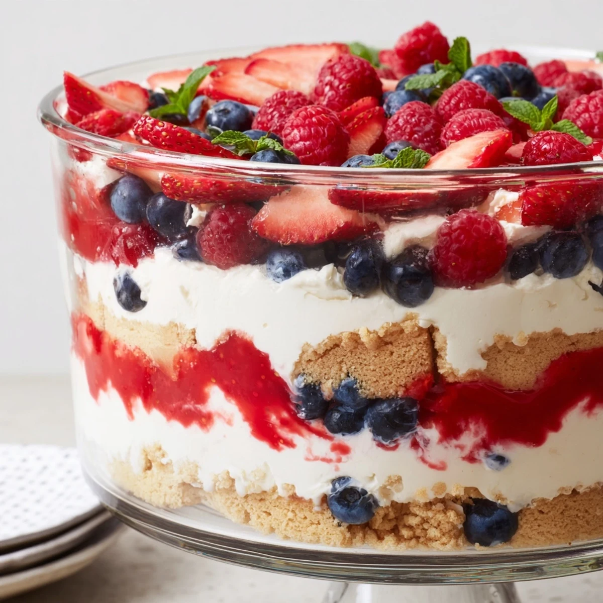 Creamy red white blue mixed berry yum yum layered in a glass trifle bowl