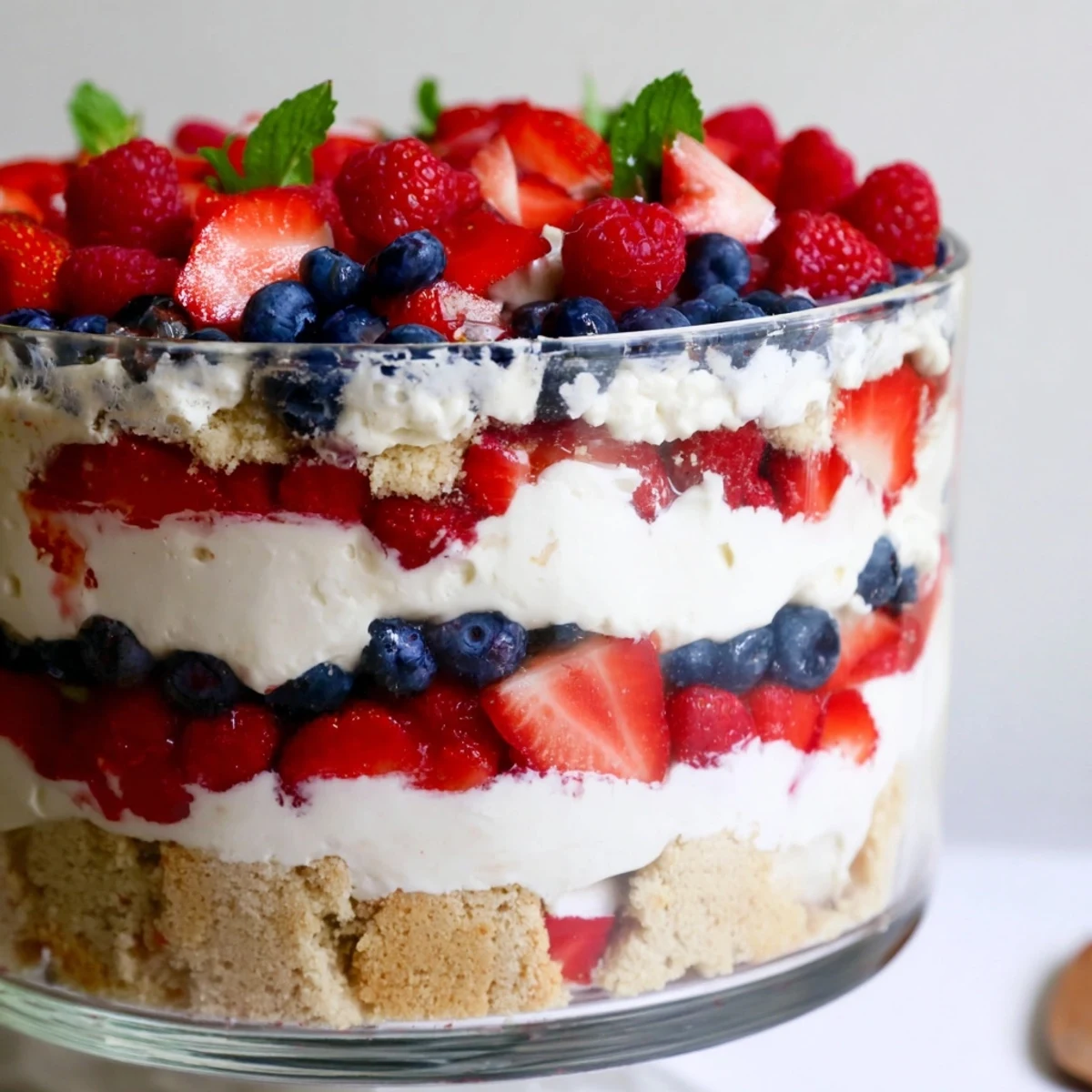 Red white blue mixed berry yum yum topped with fresh strawberries and whipped cream