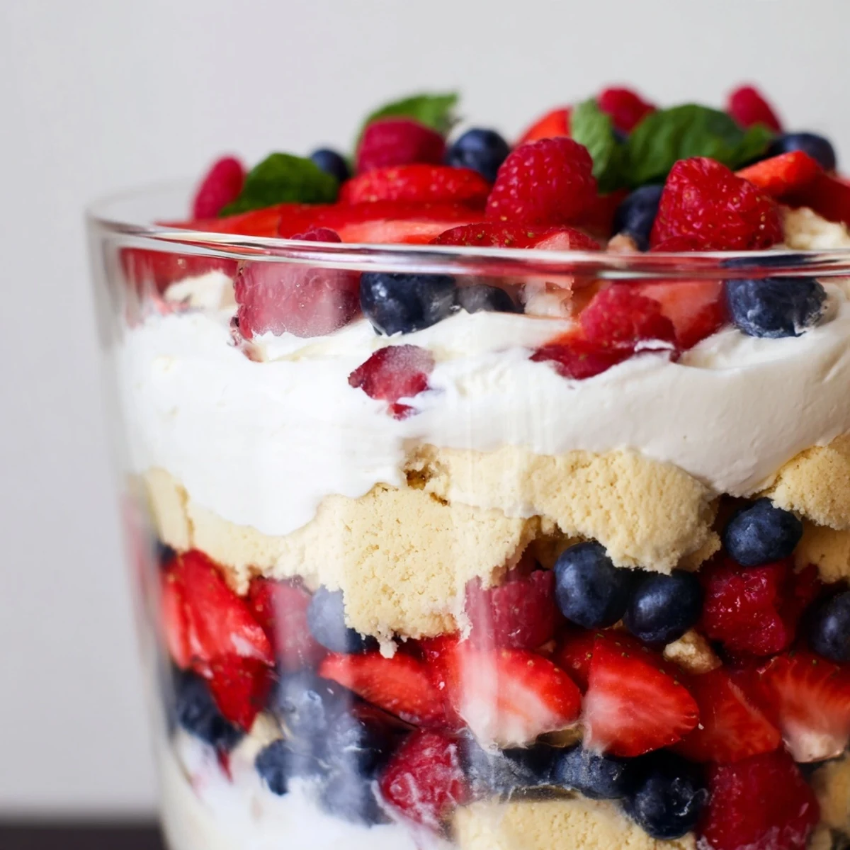 Patriotic red white blue mixed berry yum yum dessert with colorful berry layers