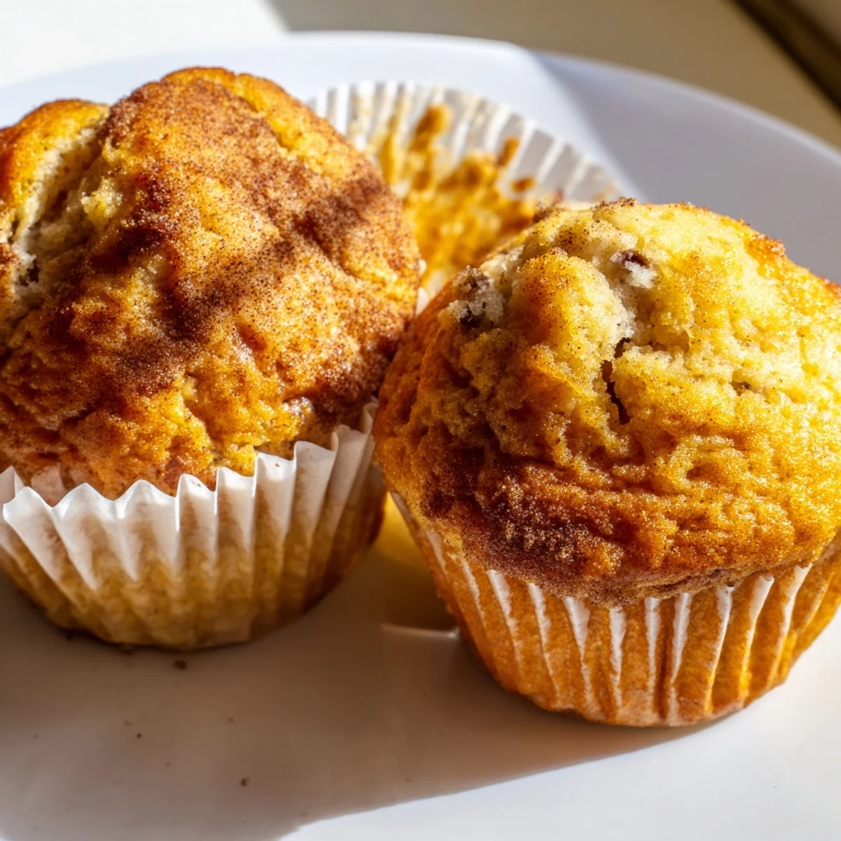 Golden banana muffins with domed tops cooling on a wire rack, sprinkled with cinnamon