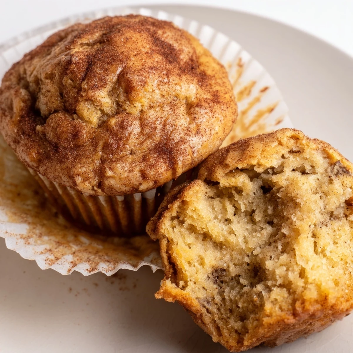 Close-up of tender banana muffin split open, revealing a fluffy warm crumb