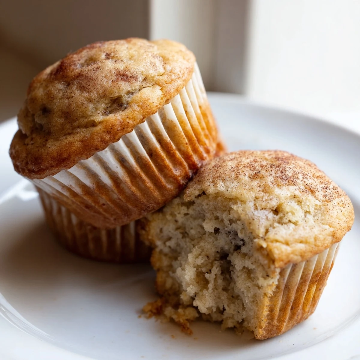 Soft moist banana muffins nestled in paper liners, steaming fresh from the oven