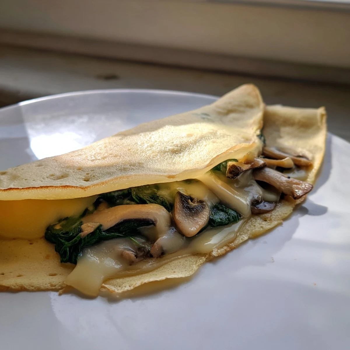 Thin French savory crepes rolled around a creamy spinach and mushroom filling, garnished with herbs