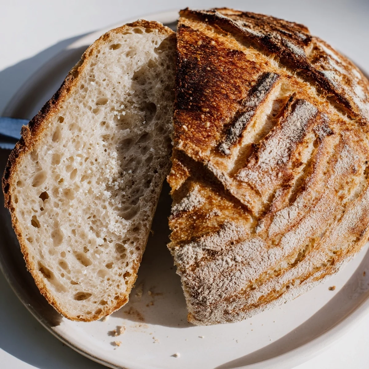 Golden sourdough bread loaf with a crackled crust resting on a wire rack