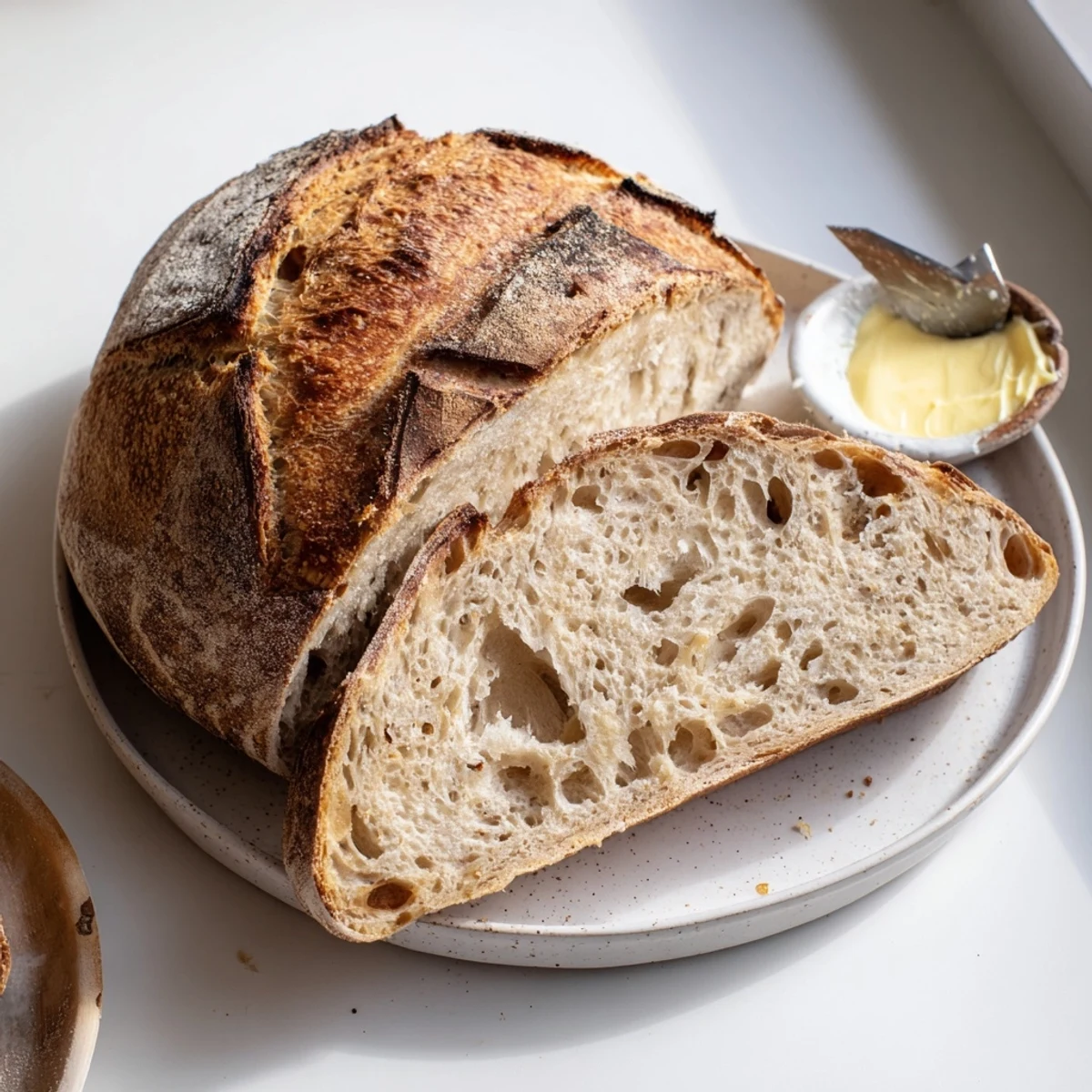 Warm sourdough bread fresh from the Dutch oven ready for cultured butter