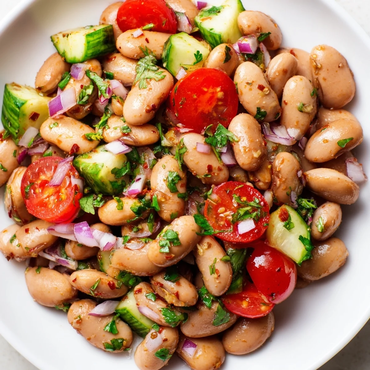 Creamy pinto beans mixed with bright tomatoes and cilantro in a bowl