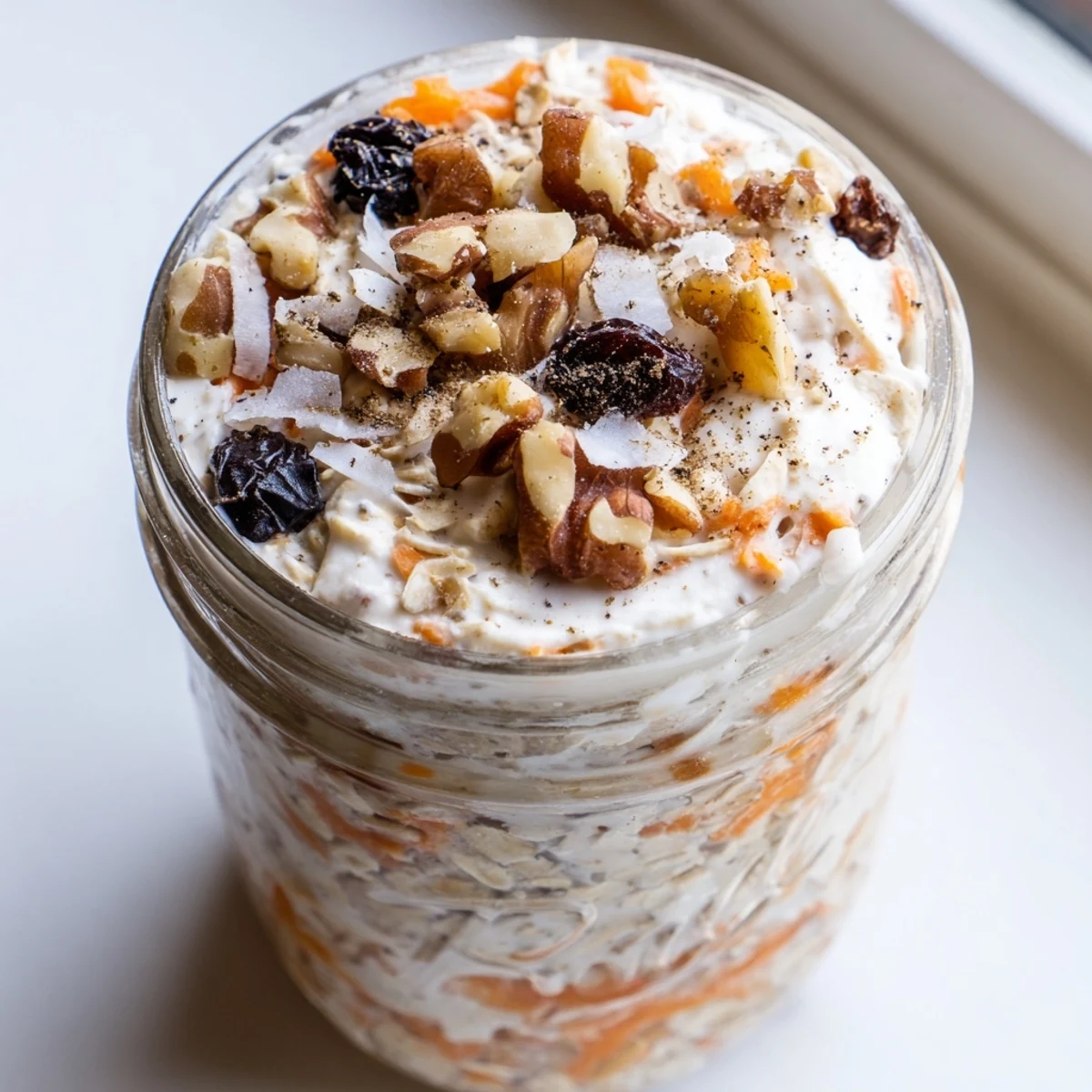 Creamy carrot cake overnight oats in a mason jar topped with walnuts and raisins