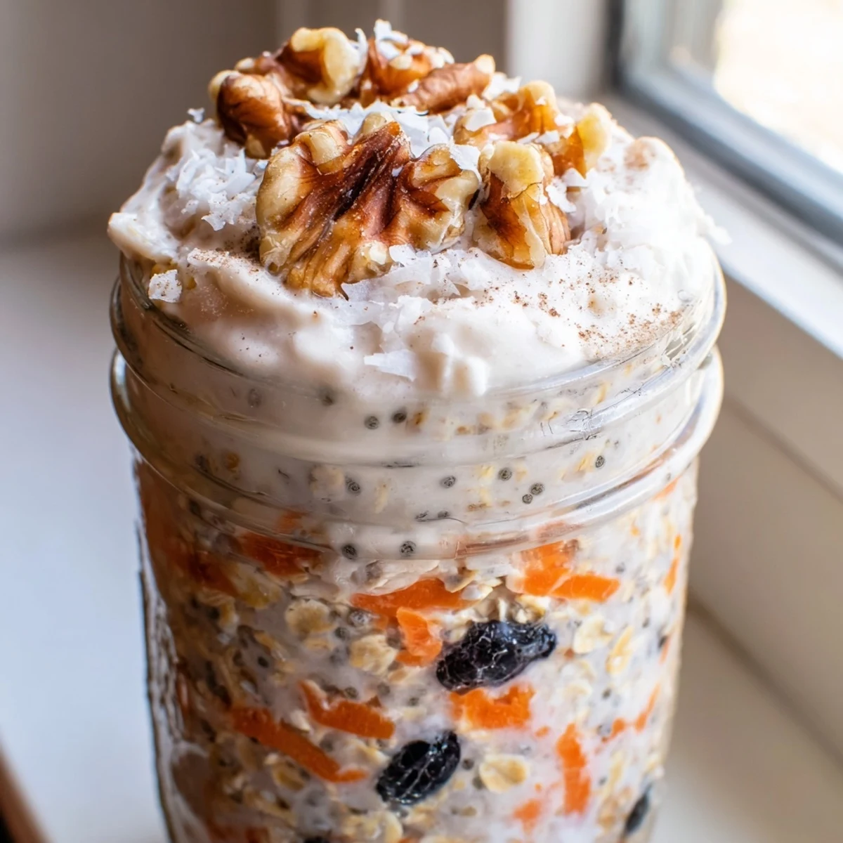 Thick spiced carrot cake overnight oats swirled with cinnamon in a glass jar