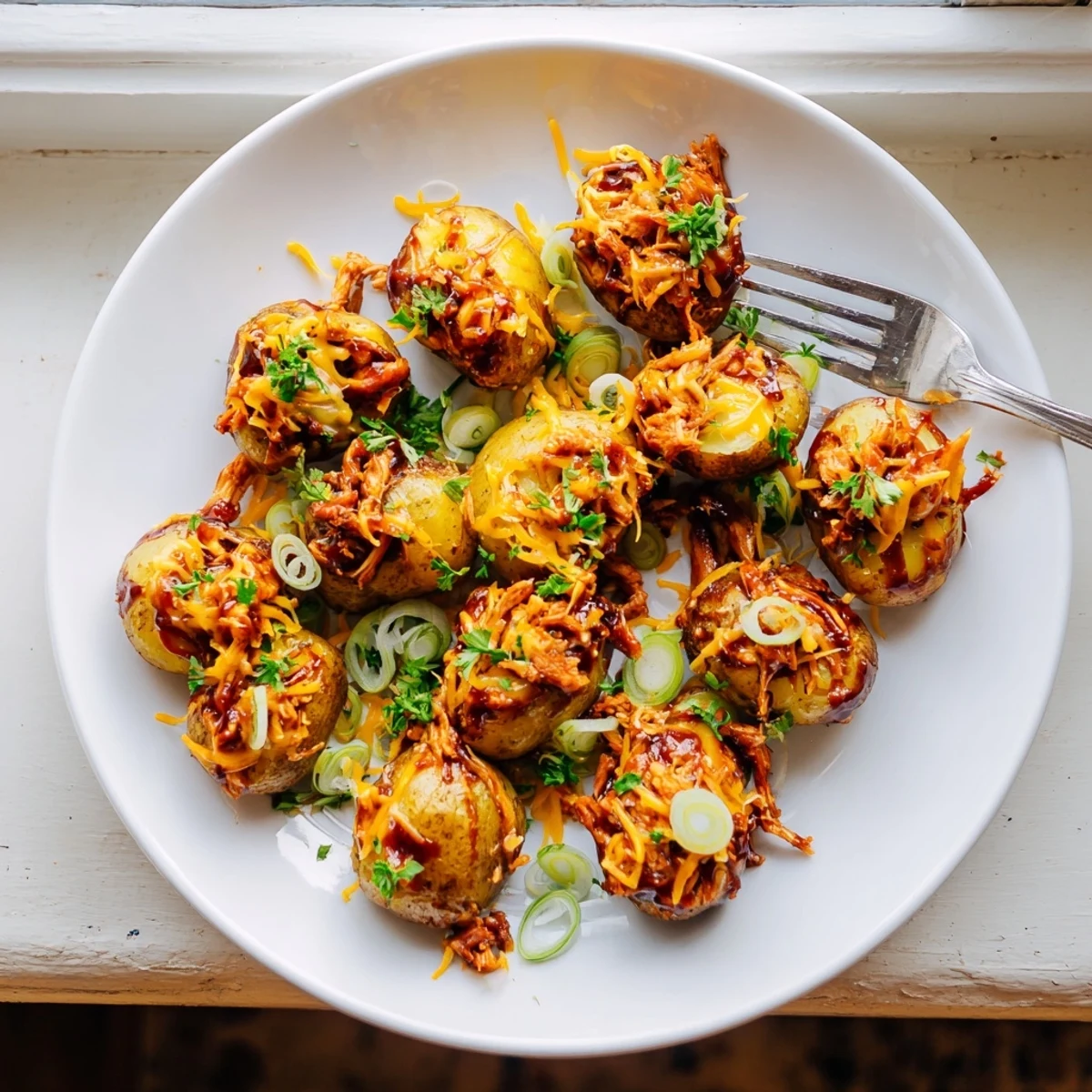 Golden roasted potatoes loaded with honey BBQ chicken and bubbling melted cheddar cheese