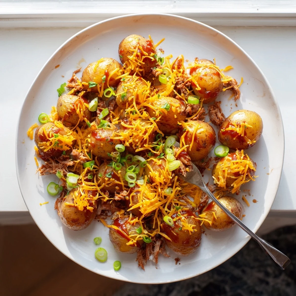 Sliced honey BBQ chicken draped over crispy baby potatoes with a cheesy, herb-garnished finish