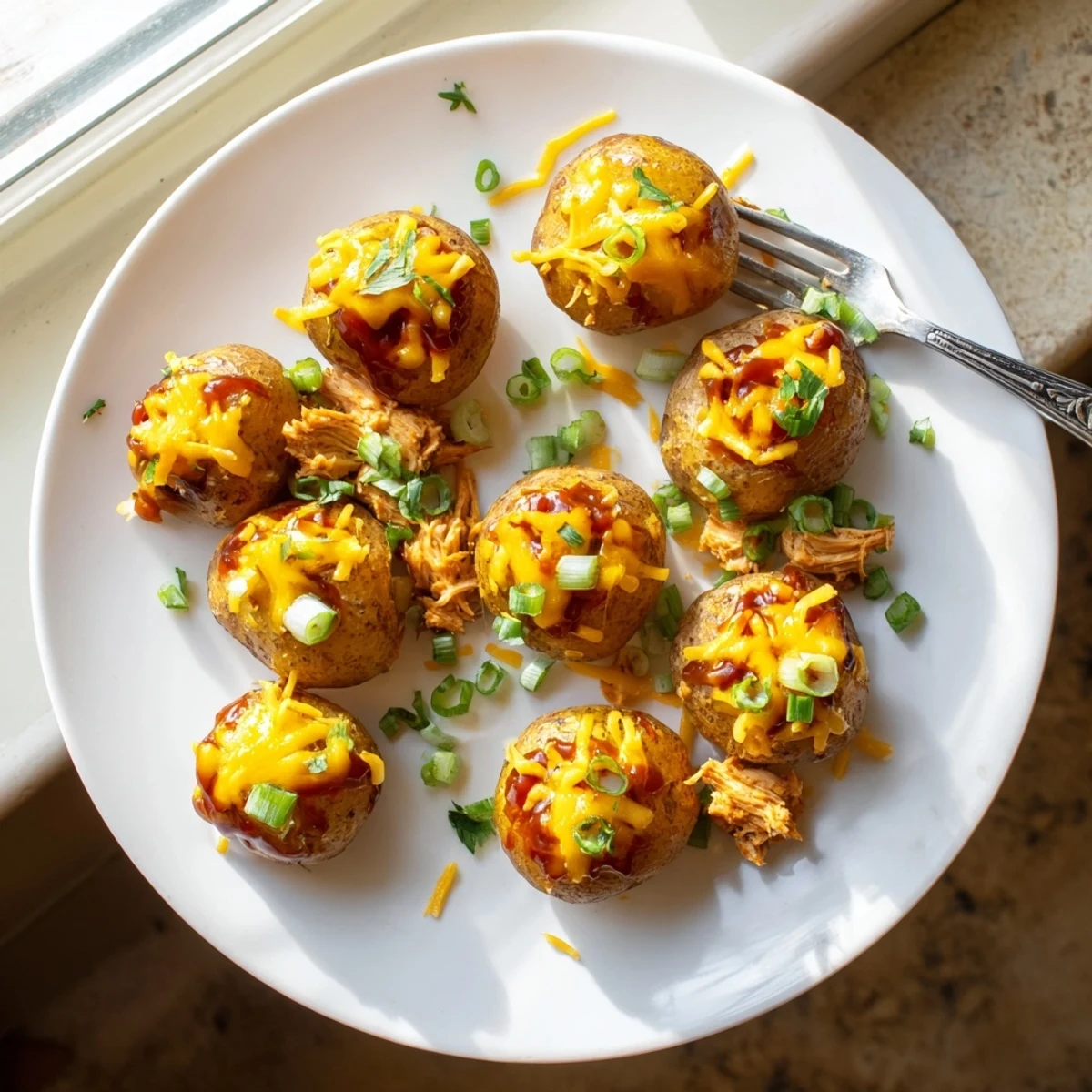 A hearty skillet of honey BBQ chicken and tender potatoes topped with melted cheddar