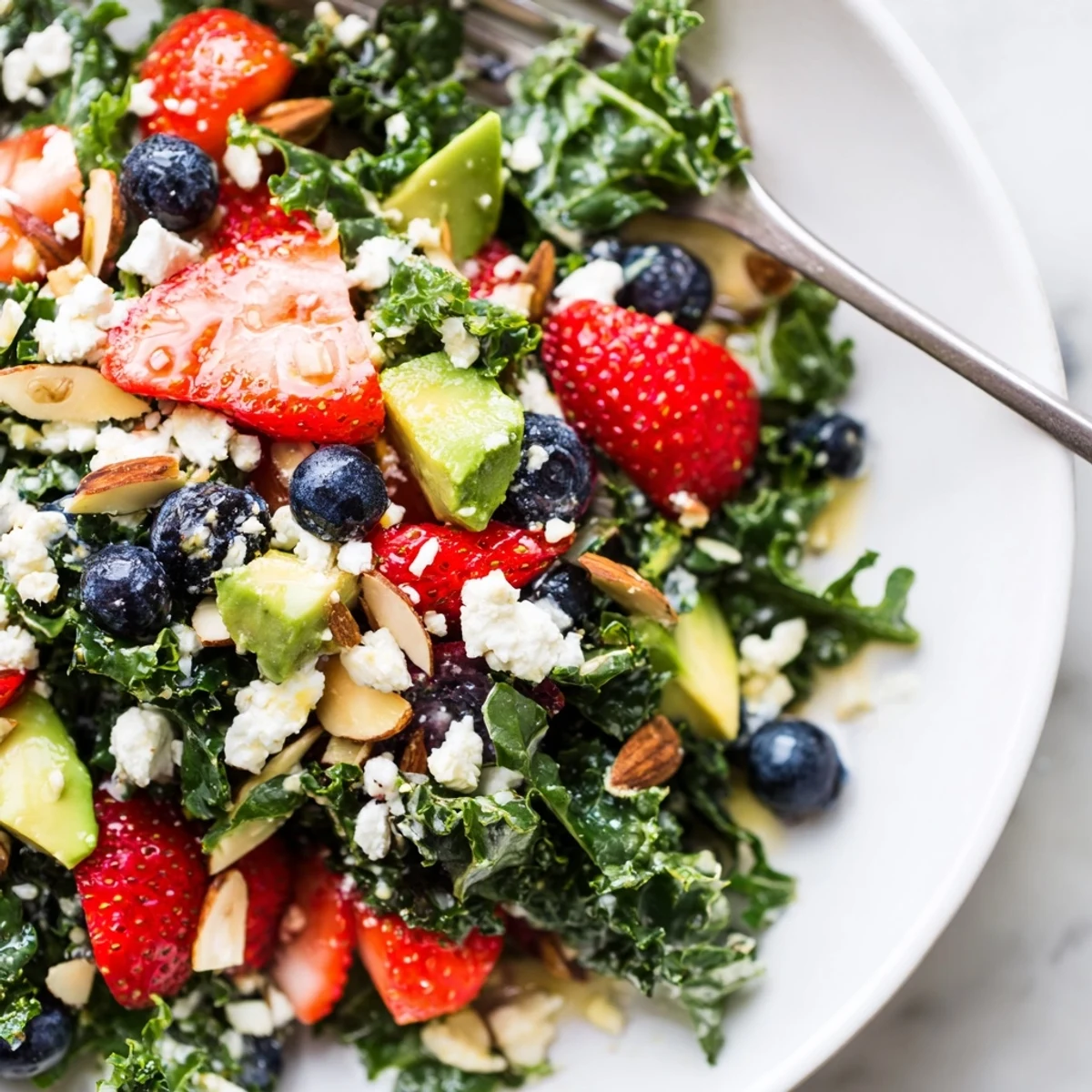 Colorful summer kale salad topped with feta, berries, and toasted almonds in a shallow bowl.