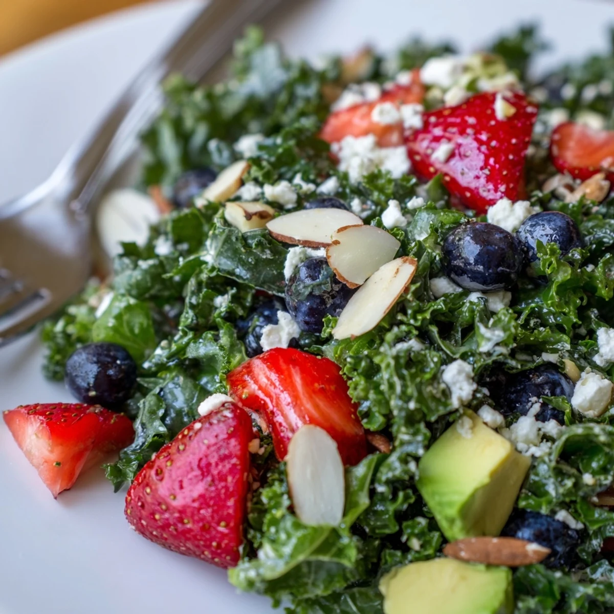 Hearty chopped kale tossed with juicy strawberries, avocado, and a glossy lemon-honey vinaigrette.