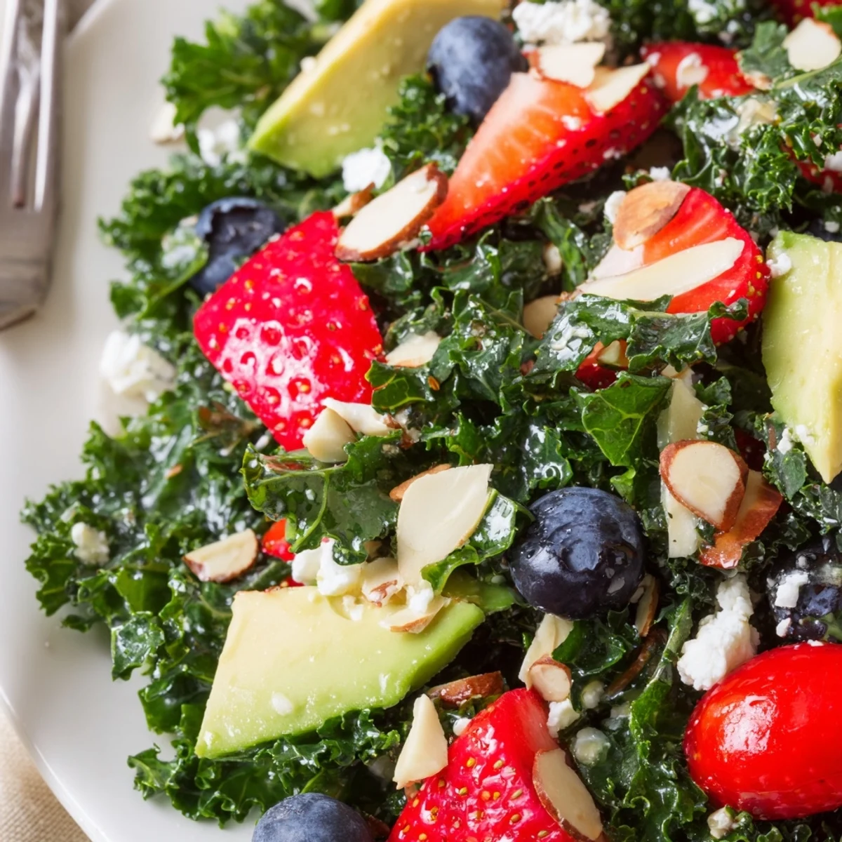 Vibrant summer kale salad mounded on a white plate with fresh fruit and crunchy almonds.