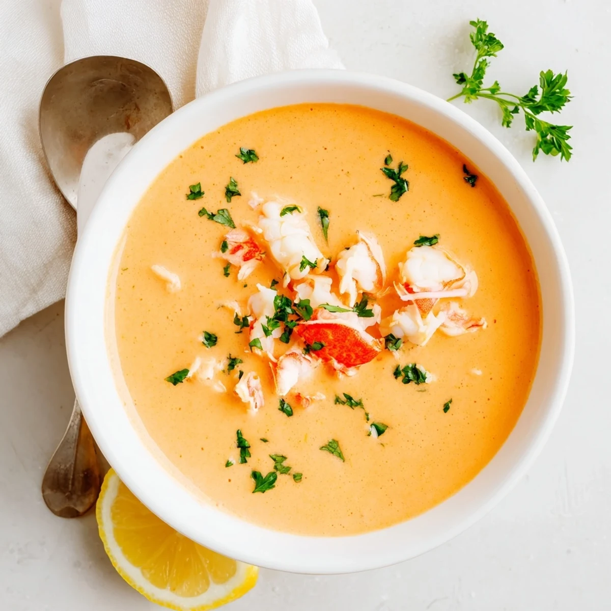 Steaming bowl of creamy crab and shrimp bisque garnished with fresh parsley.