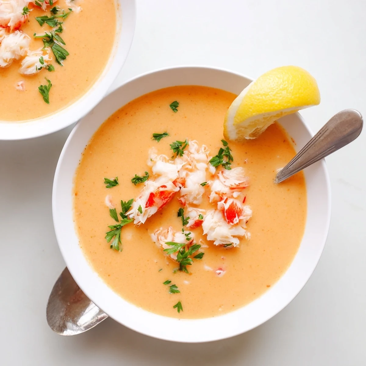 Velvety crab and shrimp bisque ladled into a white bowl with lemon.