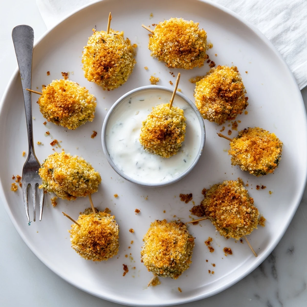 Golden crispy pickle cheese bites served warm with ranch dipping sauce