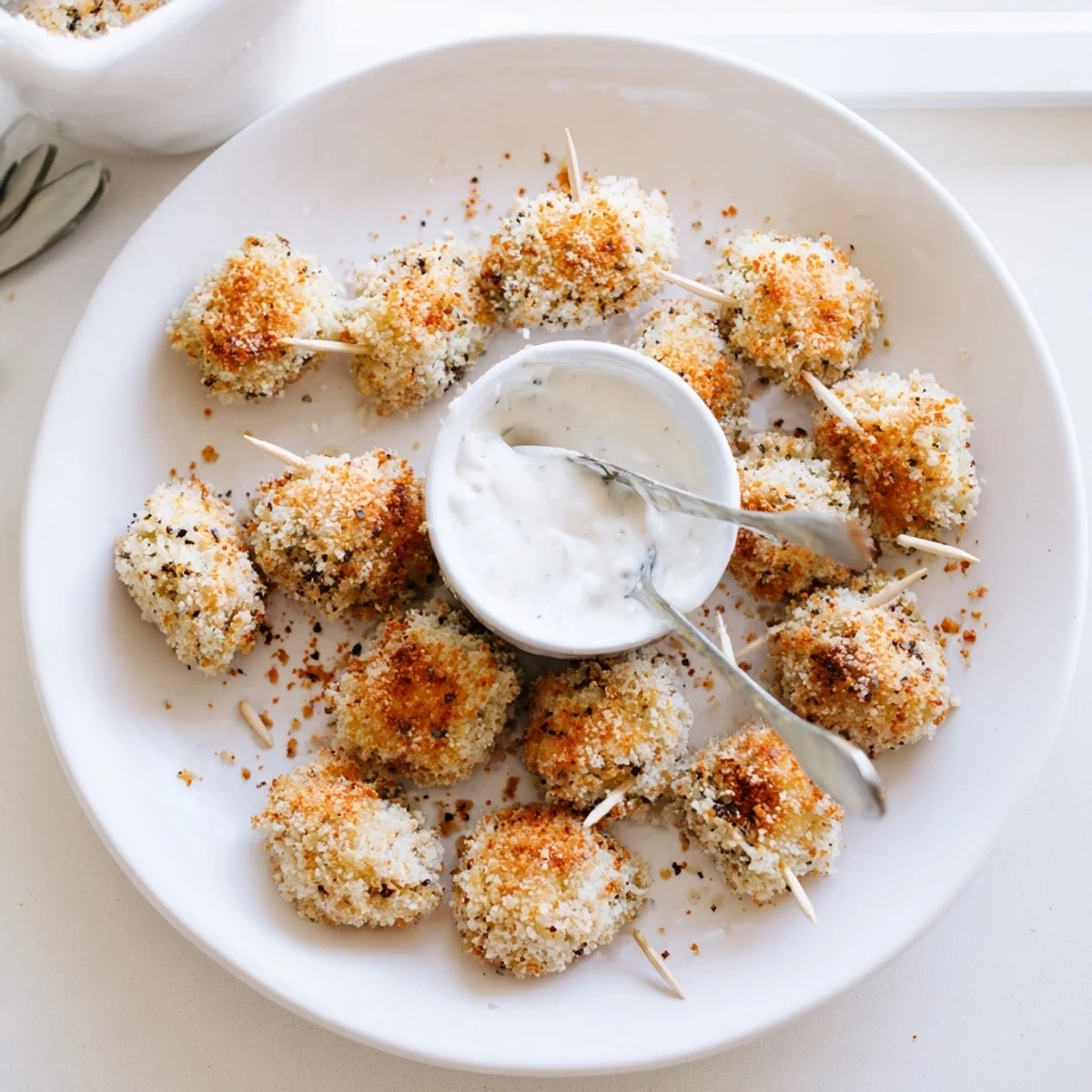 Crispy pickle cheese bites with crunchy panko coating beside creamy dipping sauce