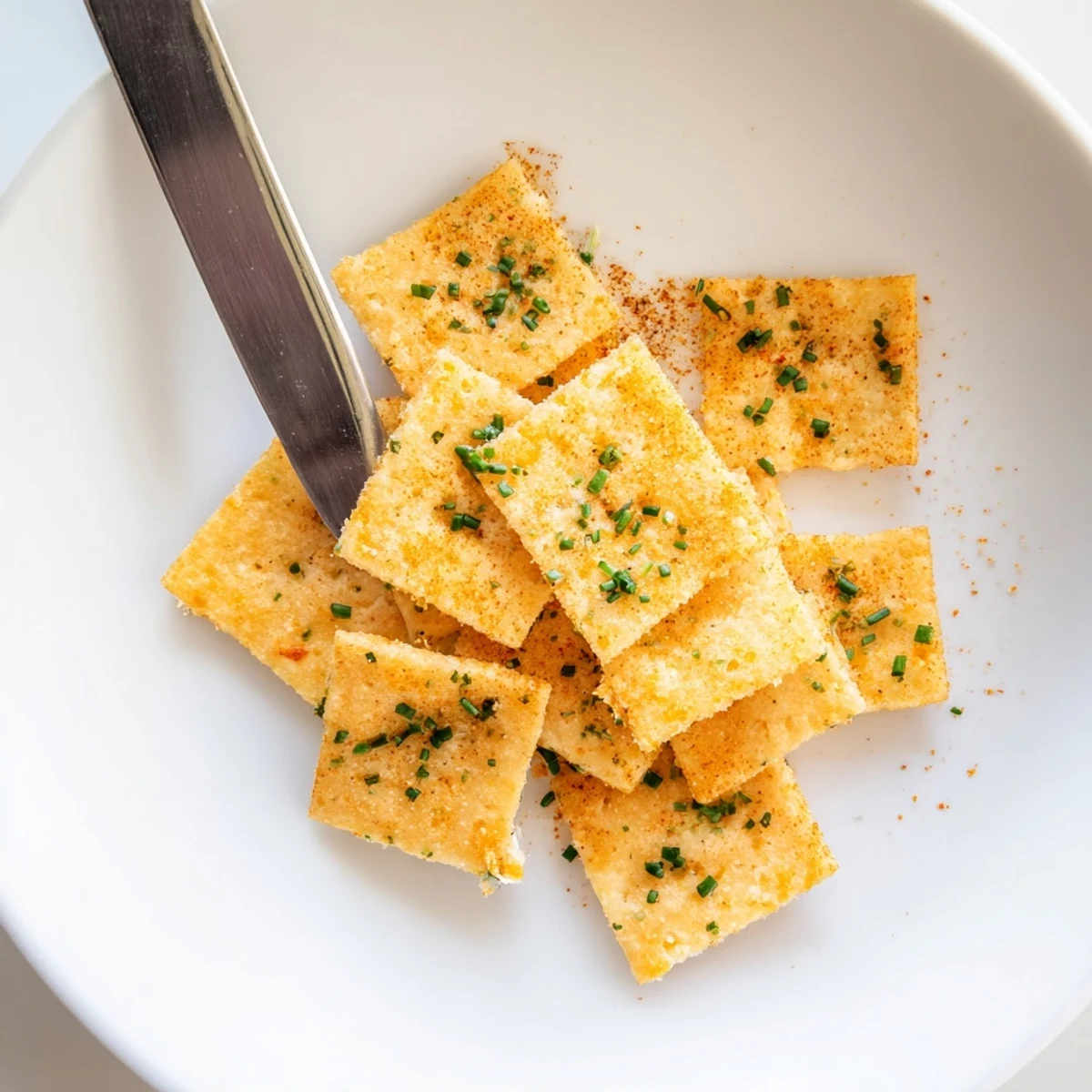 A warm plate of ultra-crispy baked cheese and herb snack squares