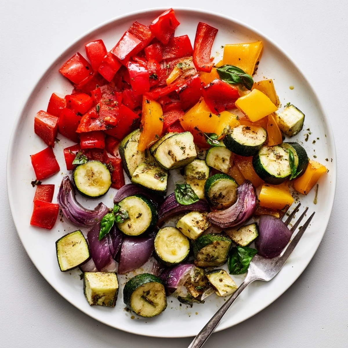 Golden caramelized classic Mediterranean roasted vegetables on a rustic serving platter