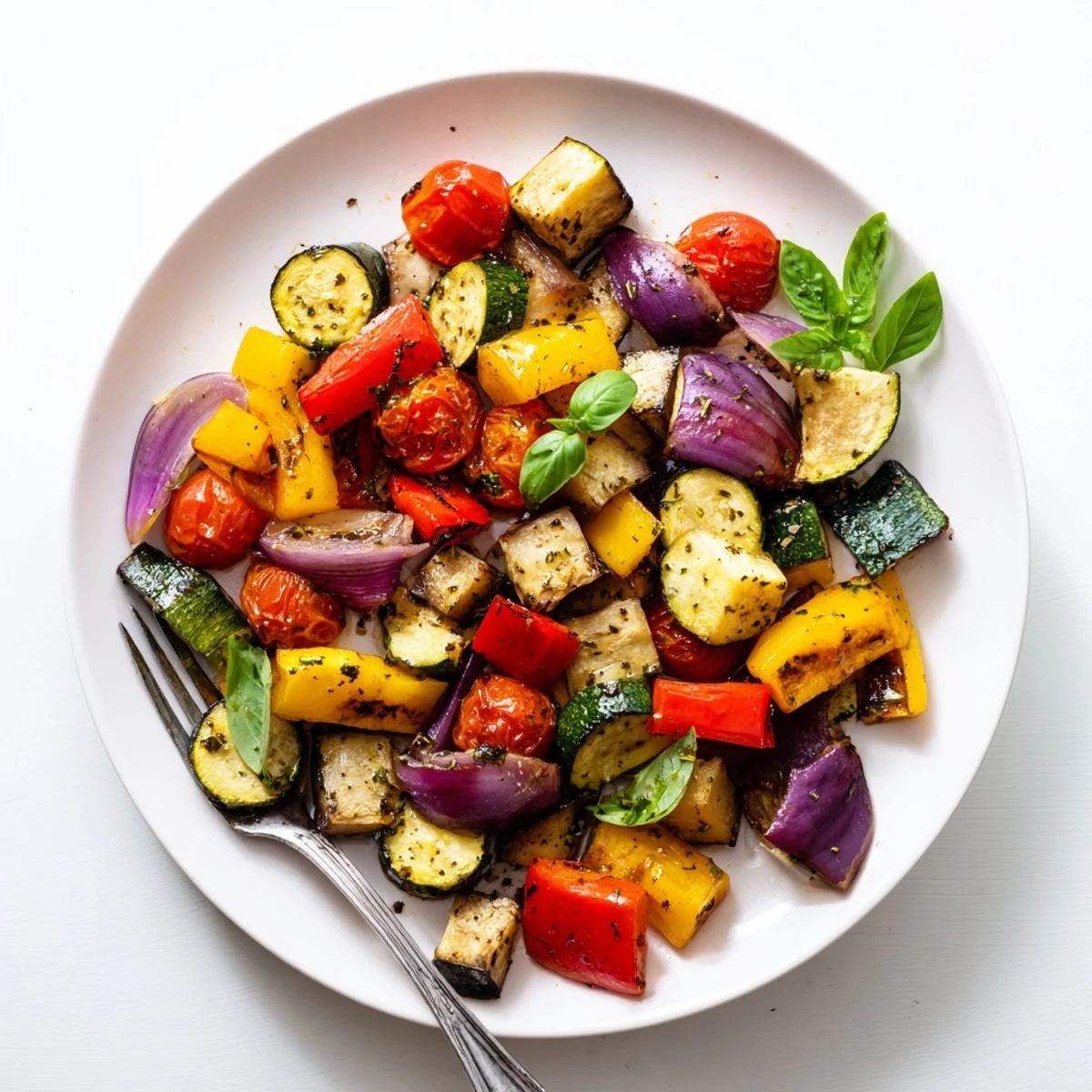 Colorful classic Mediterranean roasted vegetables fresh from a parchment-lined baking sheet