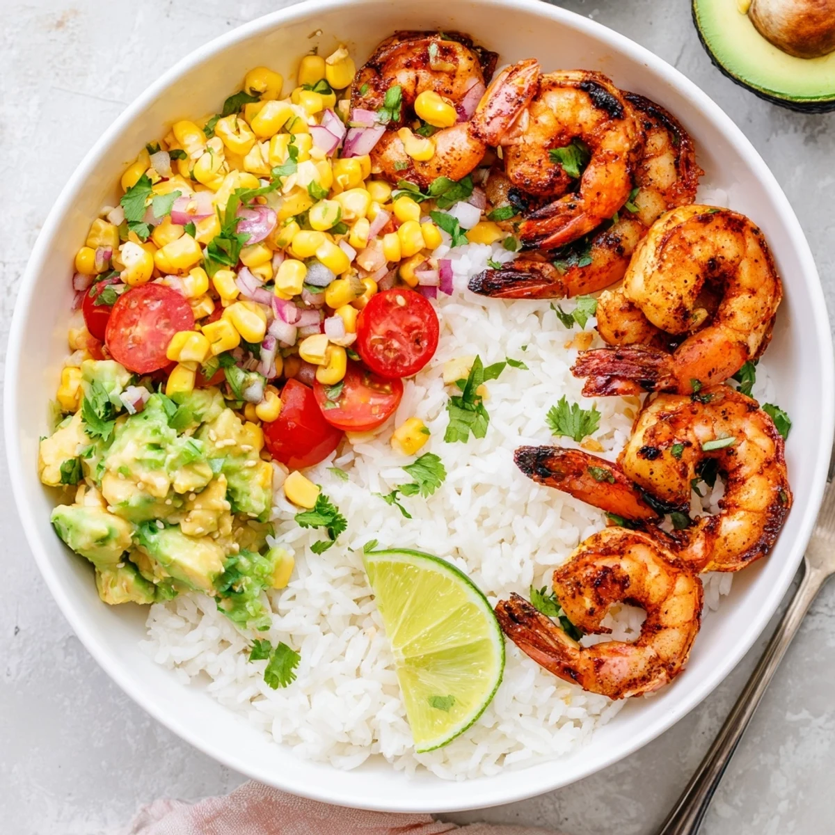Charred grilled shrimp bowl with avocado corn salsa served over fluffy rice
