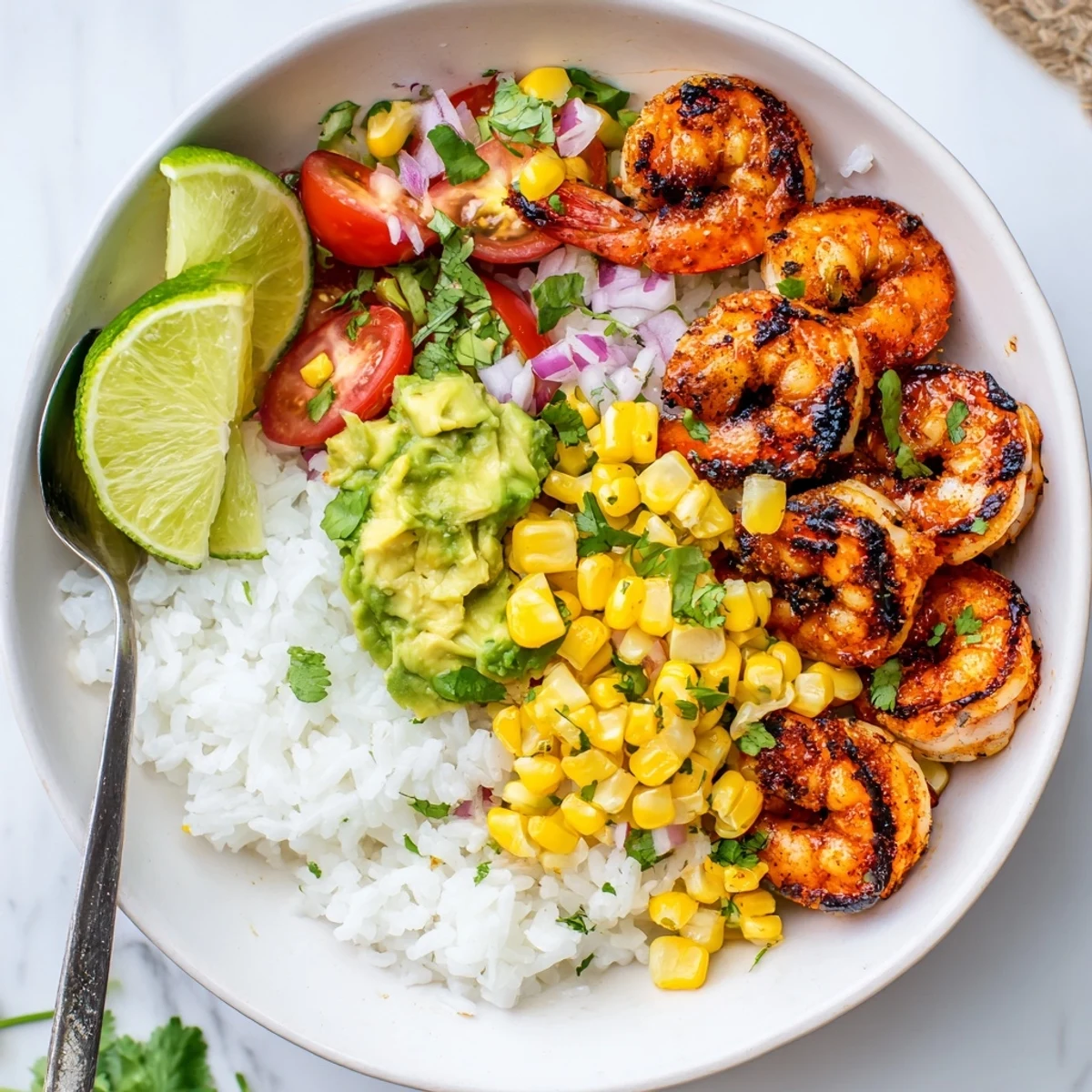 Smoky grilled shrimp bowl with avocado corn salsa garnished with cilantro