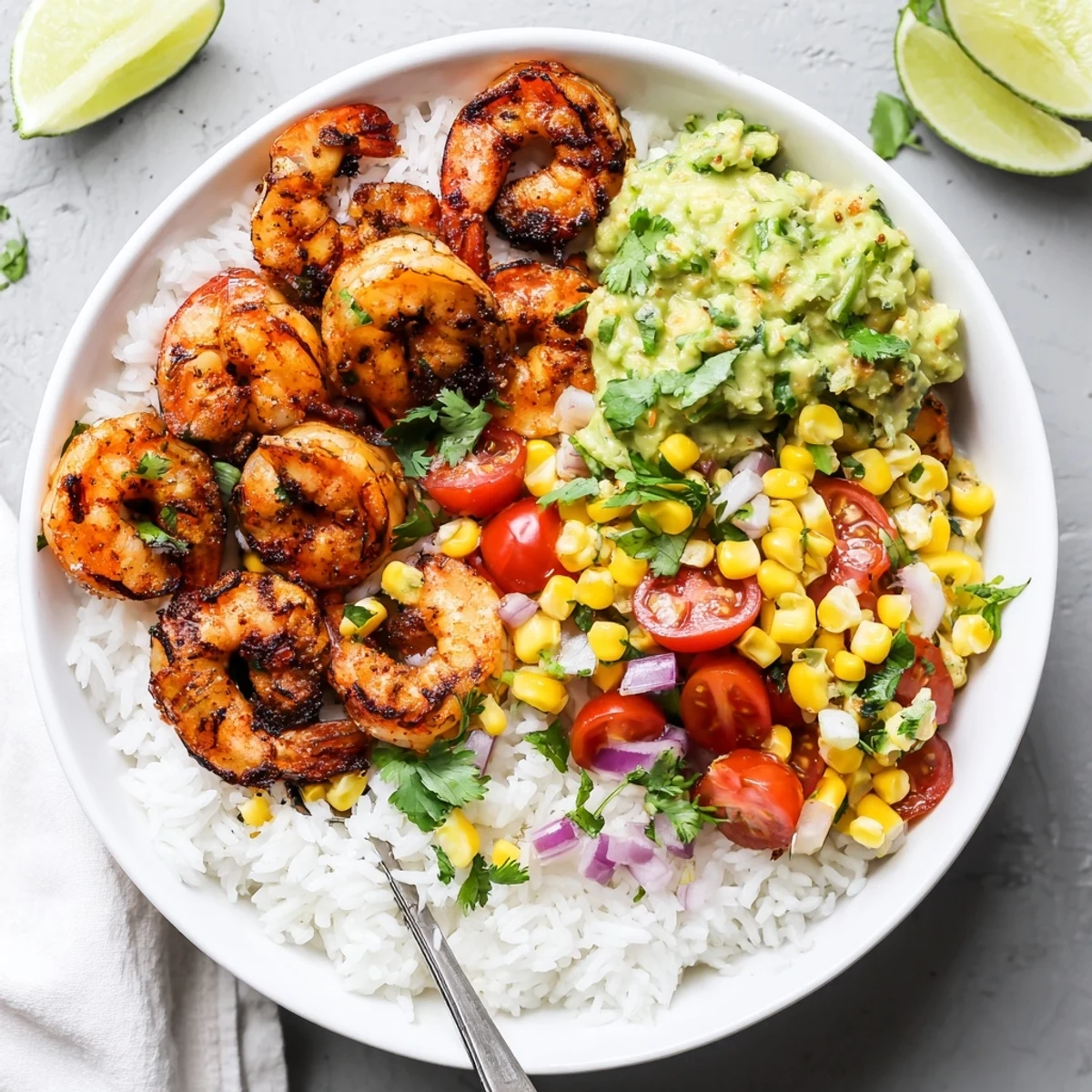 Grilled shrimp bowl with avocado corn salsa topped with fresh lime wedges