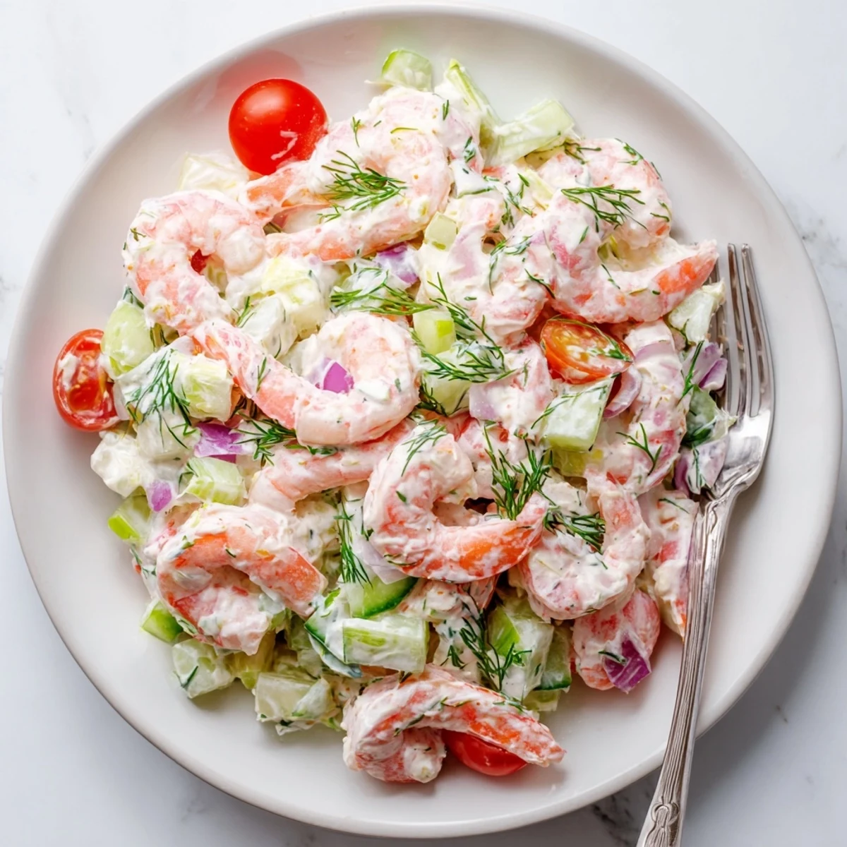 Colorful shrimp salad recipe mounded on leafy greens with cherry tomatoes and fresh dill