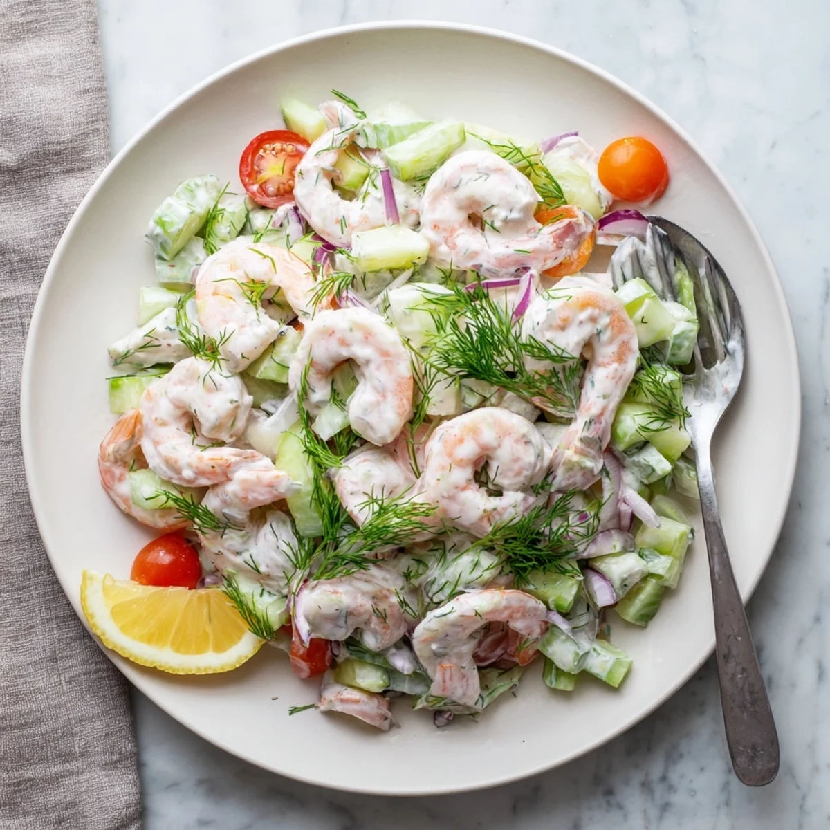 Succulent shrimp salad recipe tossed in tangy yogurt dressing beside slices of crusty bread