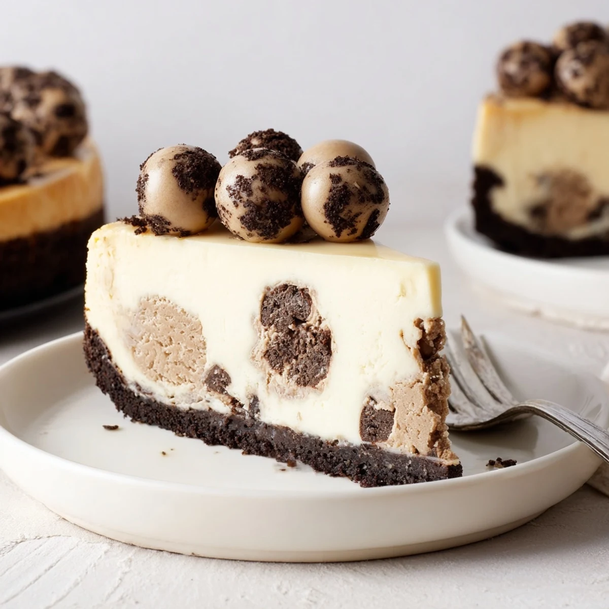 Chocolate Chip Cookie Dough Cheesecake showing cookie dough pockets and crunchy chocolate crust