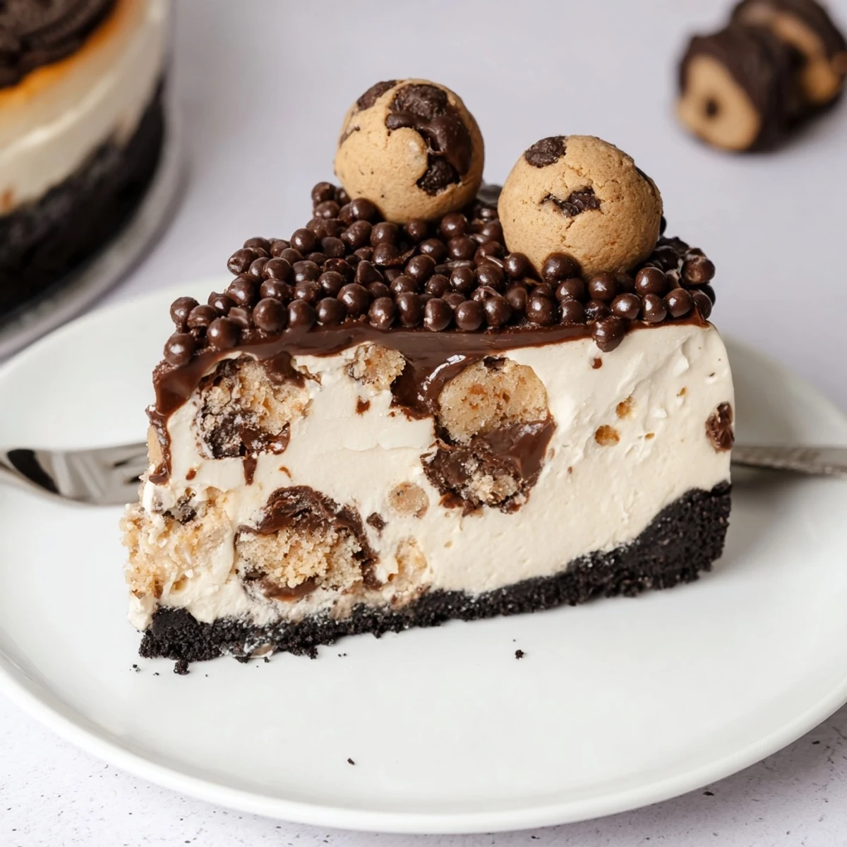 Slice of Chocolate Chip Cookie Dough Cheesecake with glossy chocolate drizzle, chilled
