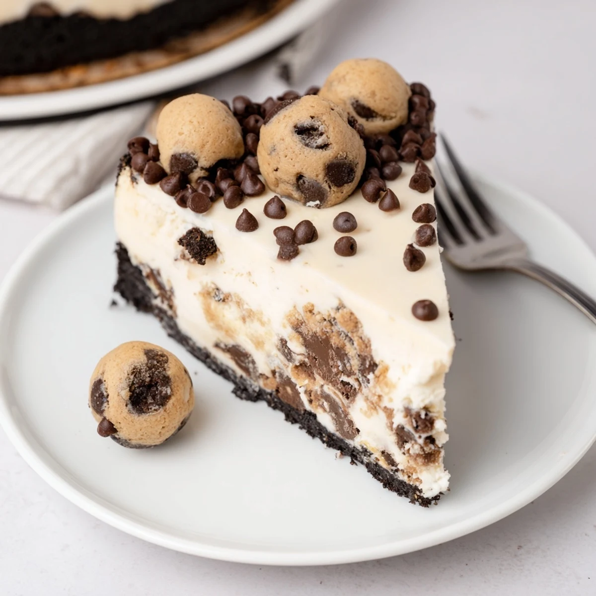 Decadent Chocolate Chip Cookie Dough Cheesecake garnished with mini chips, served on plate