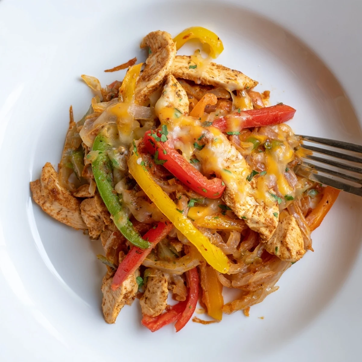 Cheesy Baja Chicken Bell Pepper Skillet bubbling with melted cheese, vibrant peppers  
