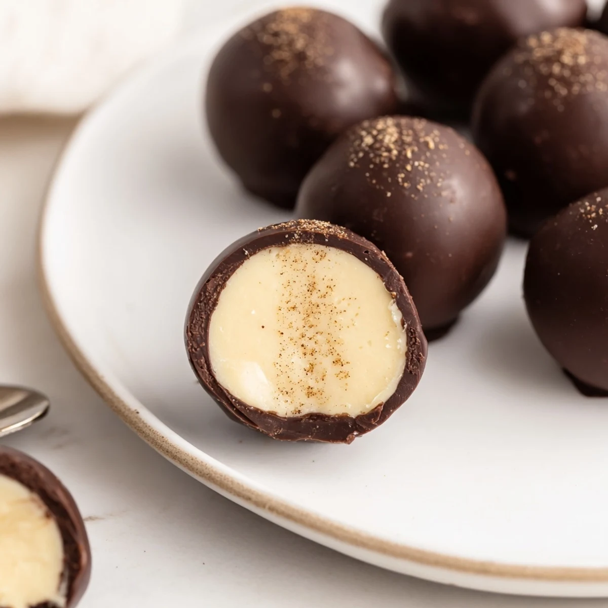 Hand rolled Dark Chocolate Eggnog Truffles dusted with nutmeg, chilling on parchment