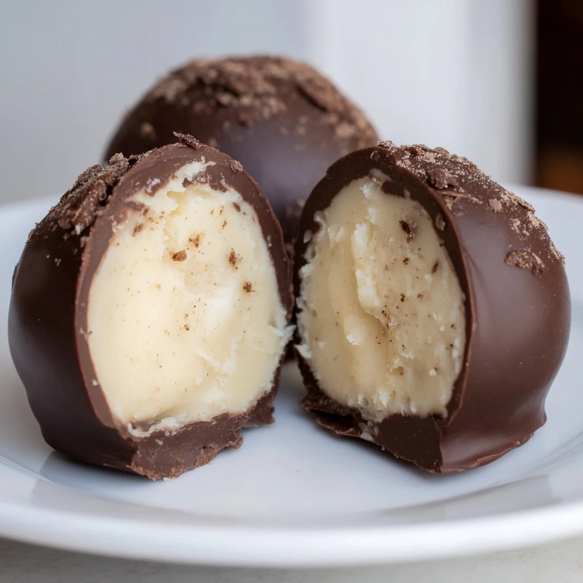 Warm-spiced Dark Chocolate Eggnog Truffles cut open to reveal creamy, velvety ganache