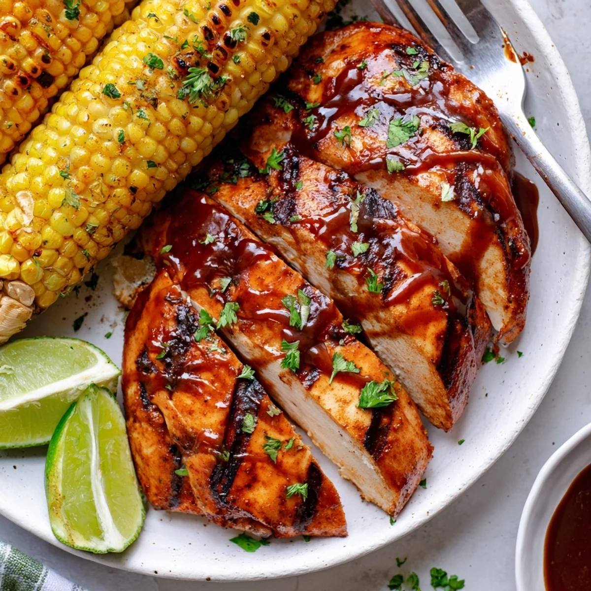 BBQ Chicken With Corn glistening in sticky sauce, grilled char and buttered corn.