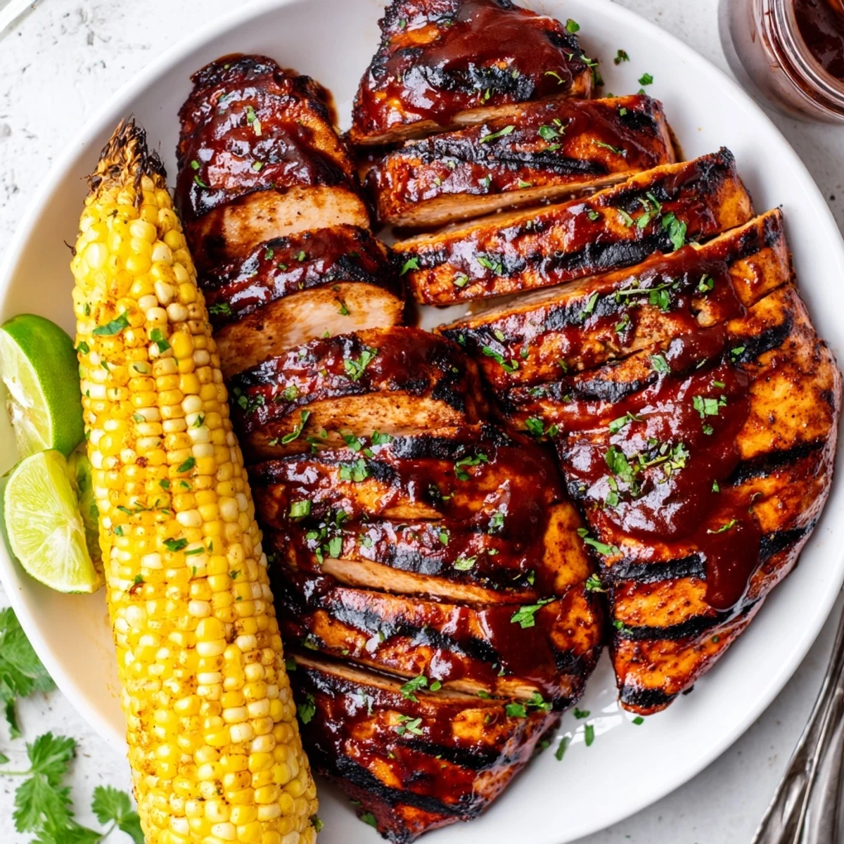 Smoky BBQ Chicken With Corn on platter, lime wedges and parsley garnish.
