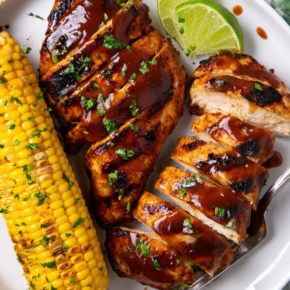 Summertime BBQ Chicken With Corn served hot, charred kernels and juicy slices.