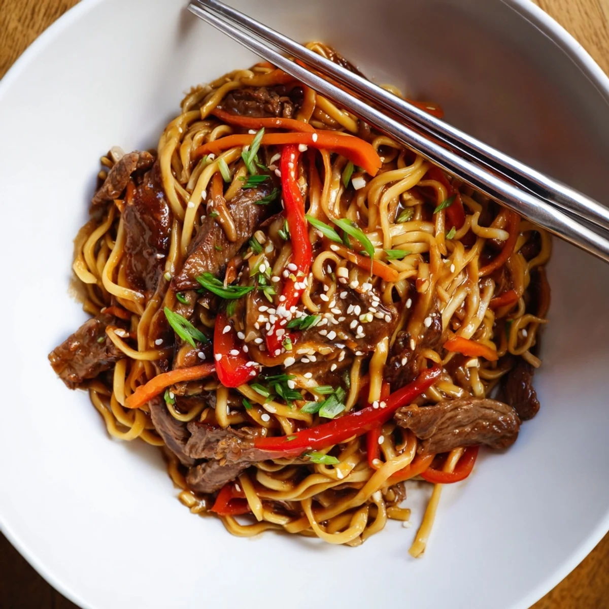 Warm Sticky Beef Noodles tossed with crunchy bell pepper and scallion ribbons  