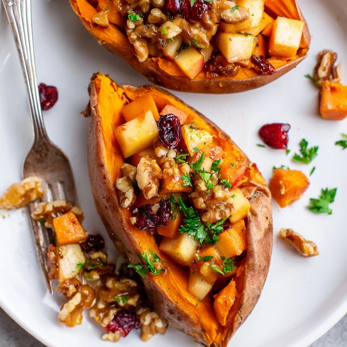 Oven-roasted Stuffed Sweet Potatoes With Apples overflowing with cinnamon, walnuts, and maple.