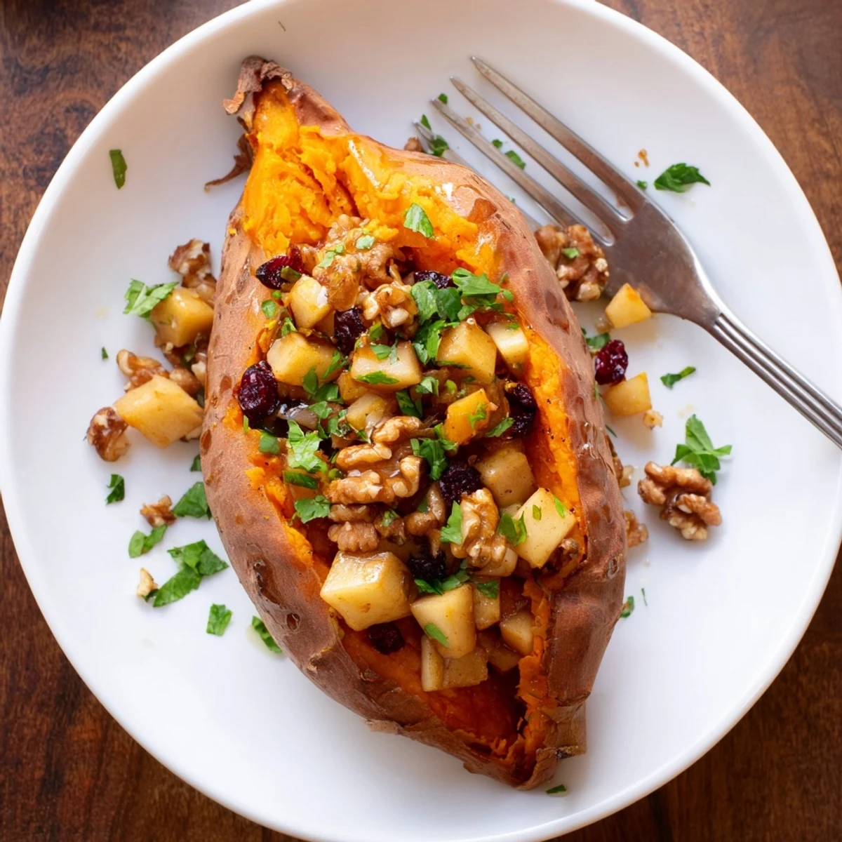 Fork-fluffed Stuffed Sweet Potatoes With Apples served warm, topped with dried cranberries.