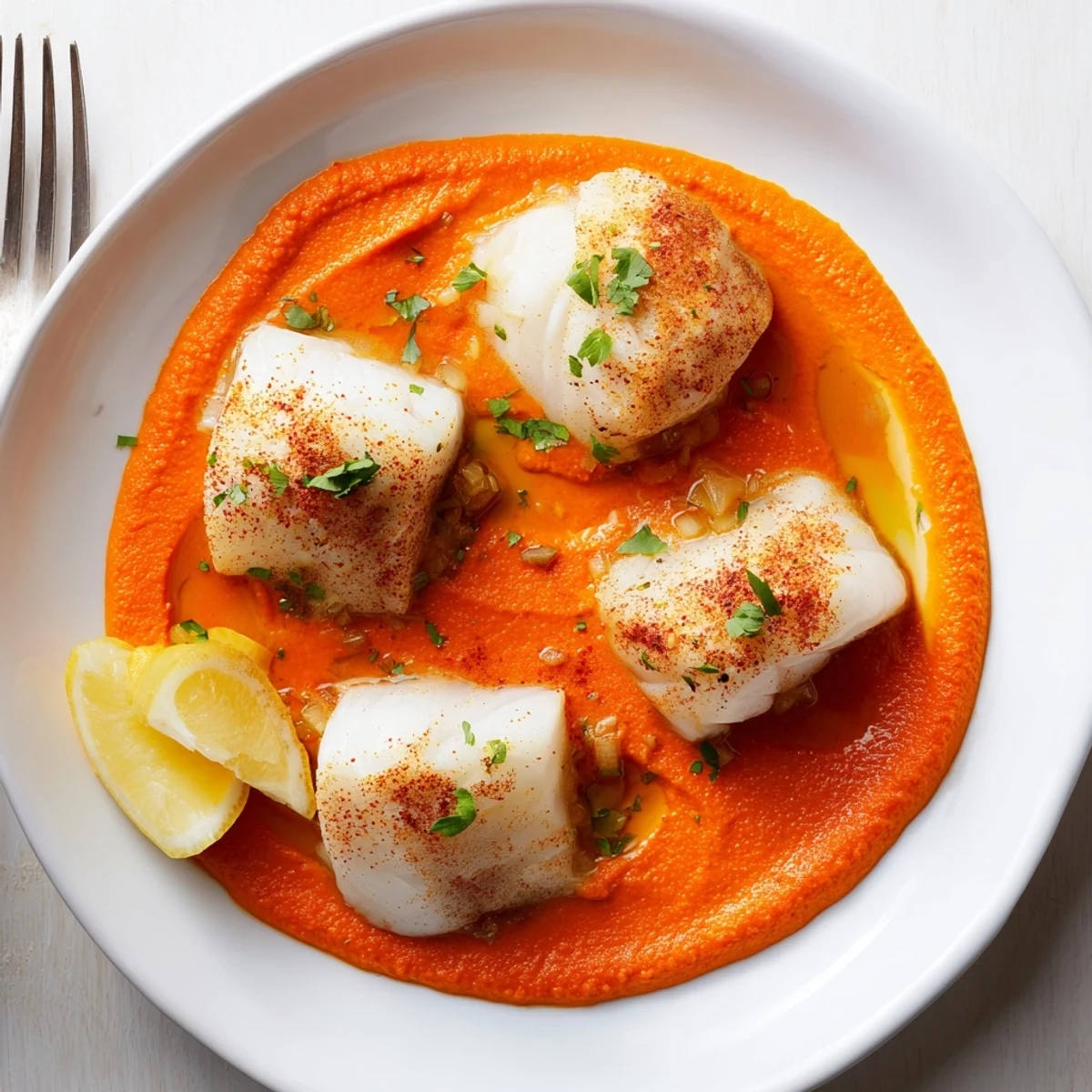 Cod In Roasted Red Pepper Sauce spooned over fillets, lemon wedge.